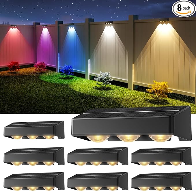 NIORSUN Solar Fence Lights,8 Pack Solars Deck Light,RGB Color,Outdoor Bulb Waterproof Led IP65,Outdoor Fence Light,Power Patio Lamp with Lenses for Outside/Backyard/Railing/Yard(Black)