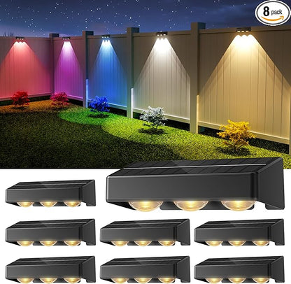 NIORSUN Solar Fence Lights,8 Pack Solars Deck Light,RGB Color,Outdoor Bulb Waterproof Led IP65,Outdoor Fence Light,Power Patio Lamp with Lenses for Outside/Backyard/Railing/Yard(Black)