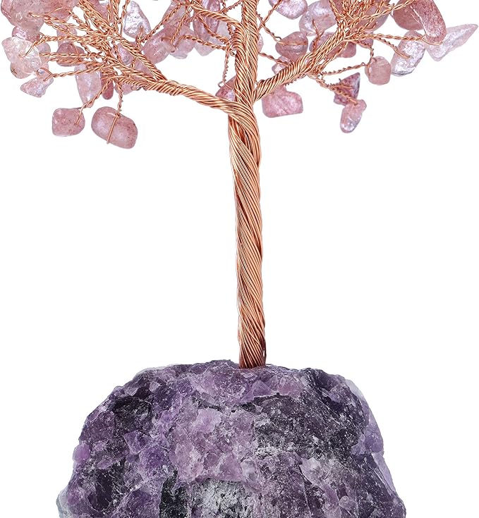 Jovivi Natural Strawberry Quartz Crystal Tree, Raw Healing Crystals Fluorite Base Bonsai Money Tree for Home Office Table Decor Wealth and Luck