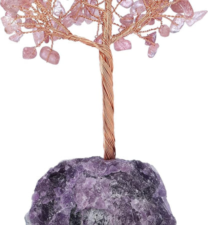 Jovivi Natural Strawberry Quartz Crystal Tree, Raw Healing Crystals Fluorite Base Bonsai Money Tree for Home Office Table Decor Wealth and Luck