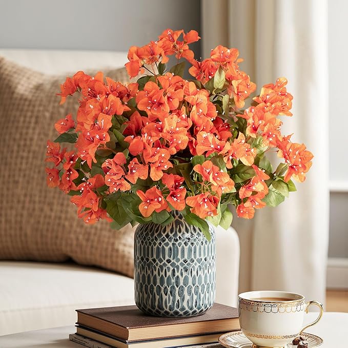 Bougainvillea Artificial Flowers Faux Bougainvillea Outdoor Fake Bougainvillea Artificial Plants Faux Flowers with Stems Silk Flowers for Wedding Porch Living Garden Decor Without Vase (4PCS,Orange )