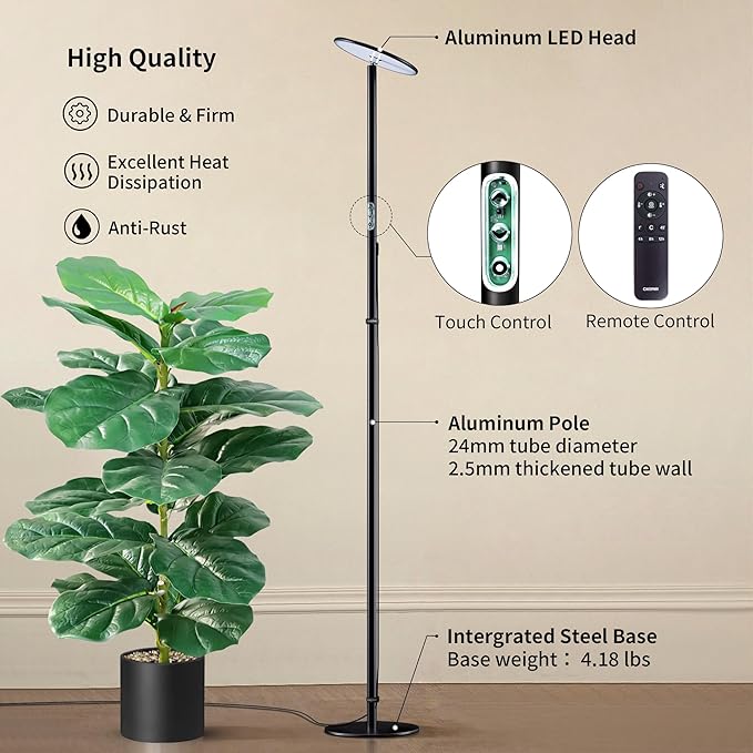 chiphy 69" Full Spectrum Grow Light for Indoor Plants, 4/8/12H Timer, 40W Tall Plant Lights, 10 Level Dimmable Brightness, Heights Adjustable, Remote Control, Ideal for Large Tall Plants