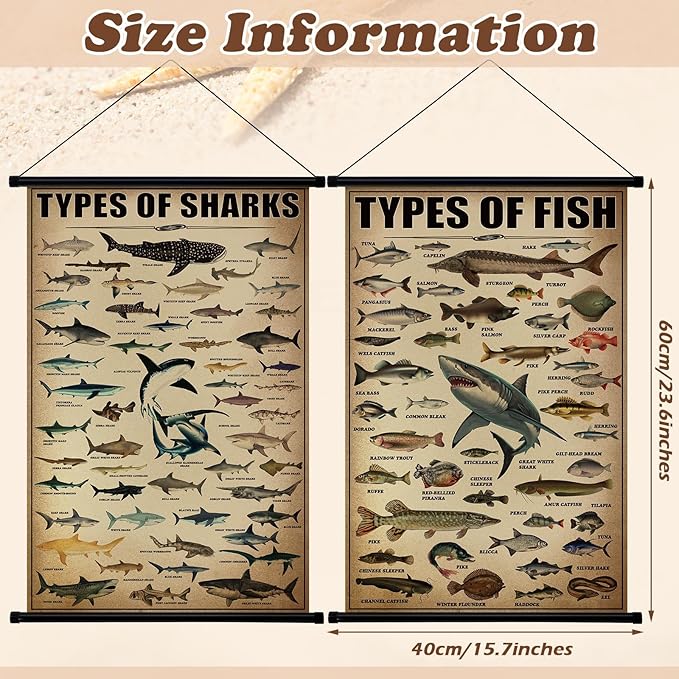 Geosar 2 Pcs Vintage Ocean Fish Poster Marine Animal Wall Decor Rustic Ocean Knowledge Picture Prints Wall Art Illustrative Reference Chart Poster for Home Office Classroom Bedroom, 15.7 x 23.6''