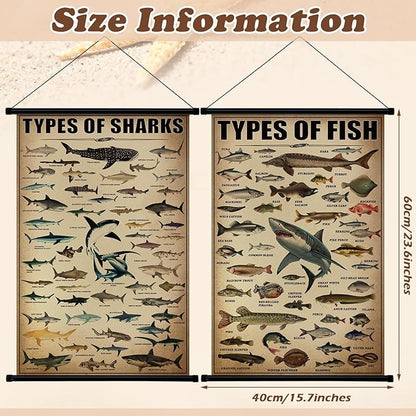 Geosar 2 Pcs Vintage Ocean Fish Poster Marine Animal Wall Decor Rustic Ocean Knowledge Picture Prints Wall Art Illustrative Reference Chart Poster for Home Office Classroom Bedroom, 15.7 x 23.6''