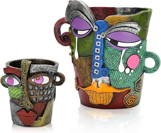 Abstract Face Planters Pots - Whimsical Hand-Painted Ceramic Face Pot for Succulents, Unique Planters for Indoor Garden Decor, Artistic Home & Office Desk Decoration（1small& 1 Big）