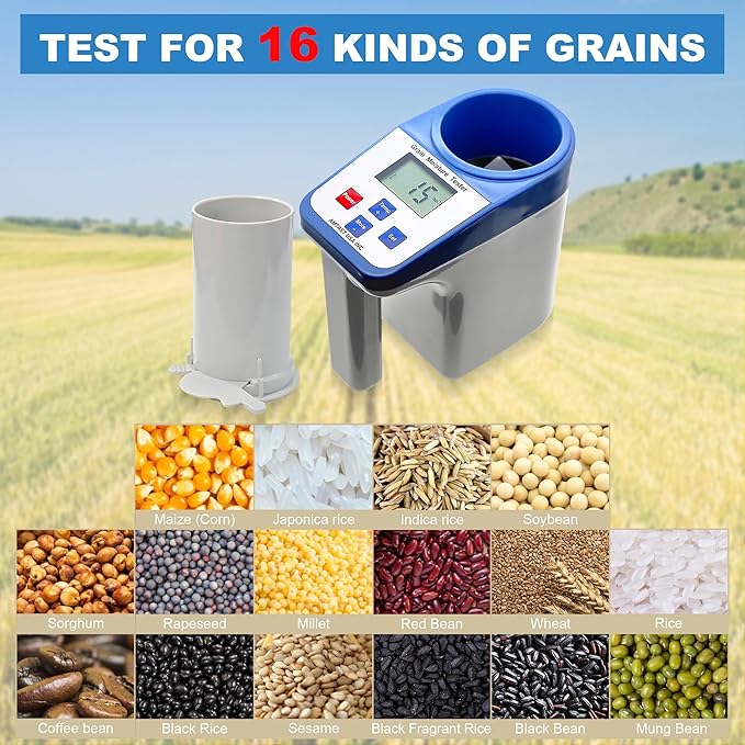 Grain Moisture Meter High Precision Grain Moisture Tester with Temperature Compensation and Data Storage Seed Moisture Meter for 16 Grains including Wheat, Corn, Coffee and More
