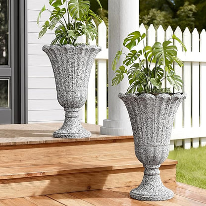 23.6" Tall Plastic Urn Planters for Outdoor Plants with Drainage Holes & Petal Design, Set of 2 Sturdy Base Classic Indoor Large Flower Pots, Outdoor Planters for Porch/Home/Garden, Slate Gray