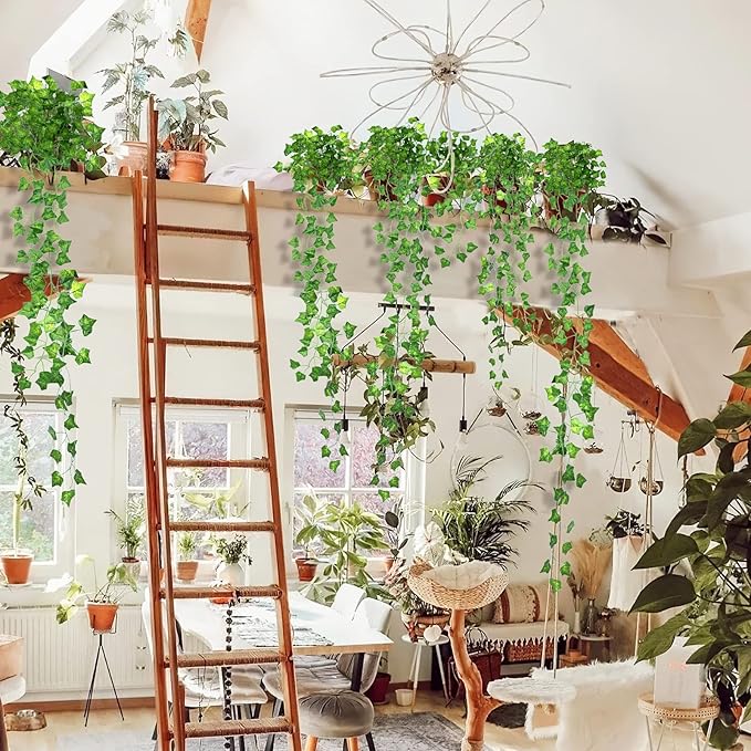 CQURE 60 Pack 420Ft Artificial Ivy Fake Vines,Ivy Garland Greenery Garland Fake Hanging Plants Vines Aesthetic Green Leaves for Bedroom Wedding Party Garden Wall Room Decor