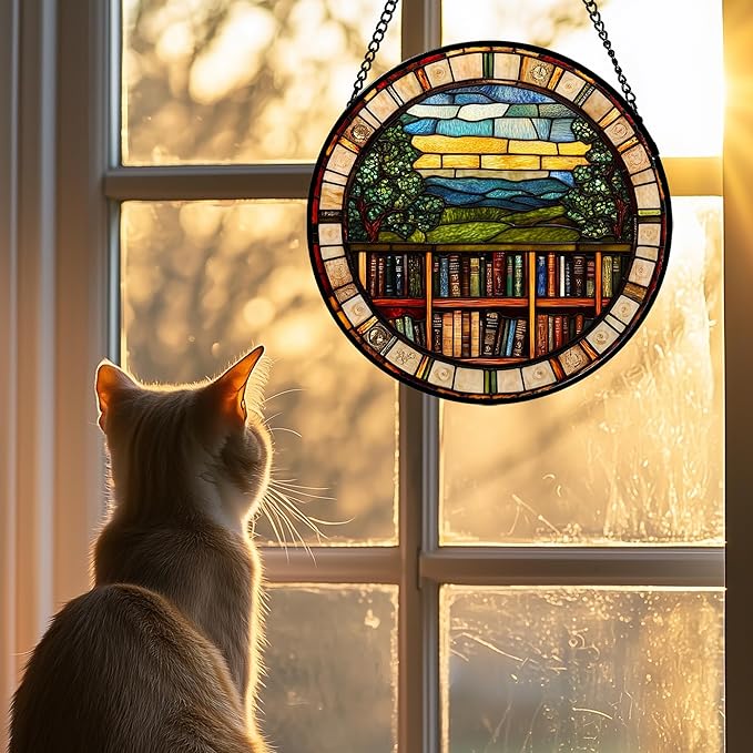 Stained Glass Window Hanging Retro Books Scenery 6.3" - Abstract Suncatcher Door Garden Sun Catcher Home Decor Birthday Christmas for Mom Men Woman Nana Friend Wife