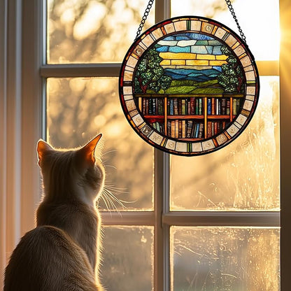 Stained Glass Window Hanging Retro Books Scenery 6.3" - Abstract Suncatcher Door Garden Sun Catcher Home Decor Birthday Christmas for Mom Men Woman Nana Friend Wife