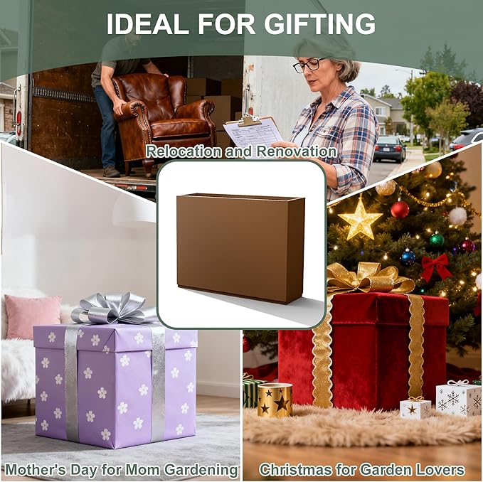 Metal Rectangular Planter Box for Outdoor Plants, Flowers, Tall & Long Planters with Drainage Holes, All-Weather Use (35" L x 9" W x 26" H, Brown)