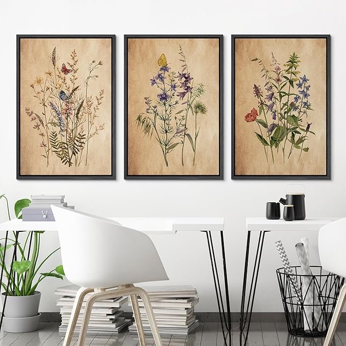 Ashbrook Framed Canvas Print Wall Art Set Vintage Wildflower Bouquet Nature Wilderness Illustrations Modern Art Decorative Floral Botanical Minimal Calm/Relax/Cozy for Bedroom - 24"x36"x3 BLACK