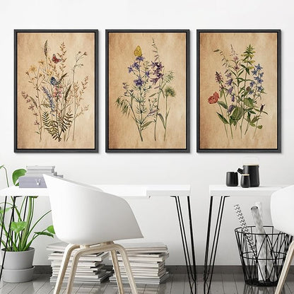 Ashbrook Framed Canvas Print Wall Art Set Vintage Wildflower Bouquet Nature Wilderness Illustrations Modern Art Decorative Floral Botanical Minimal Calm/Relax/Cozy for Bedroom - 24"x36"x3 BLACK