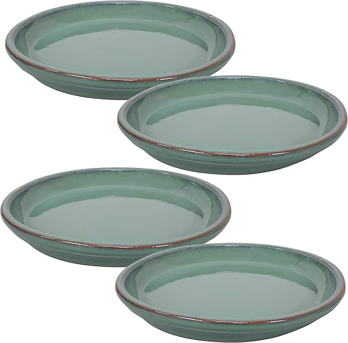 Sunnydaze 12-Inch Ceramic Plant Saucers - Plant Drip Trays for Outdoor Planter Flowerpot Drainage - Set of 4 - Seafoam