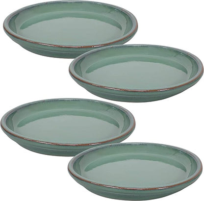 Sunnydaze 12-Inch Ceramic Plant Saucers - Plant Drip Trays for Outdoor Planter Flowerpot Drainage - Set of 4 - Seafoam