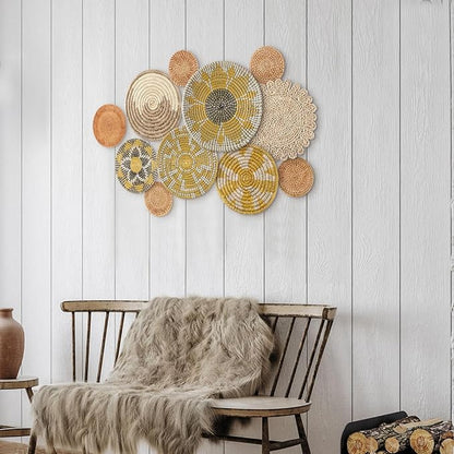 Tatuo 11 Pcs Boho Wall Basket Decor Decorative Bulrush Woven Basket Wall Decor Art Round Farmhouse Hanging Baskets for Kitchen Rustic Home Summer Decorations, Multi Sizes(Lively)