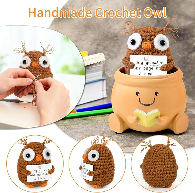 Book Lover Gift Set - Cute Reading Planter Pot with Positive Crochet Owl & Quote Card, Cozy Desk Decor for Teachers, Librarians, Women, Colleague, Friends