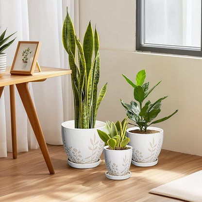 8 Inch Plant Pot with Saucer - Ceramic Planter with Drainage for Indoor Plants, Boho Round Flower Pot, Desk Room Home Office Decor, Housewarming Gift, White