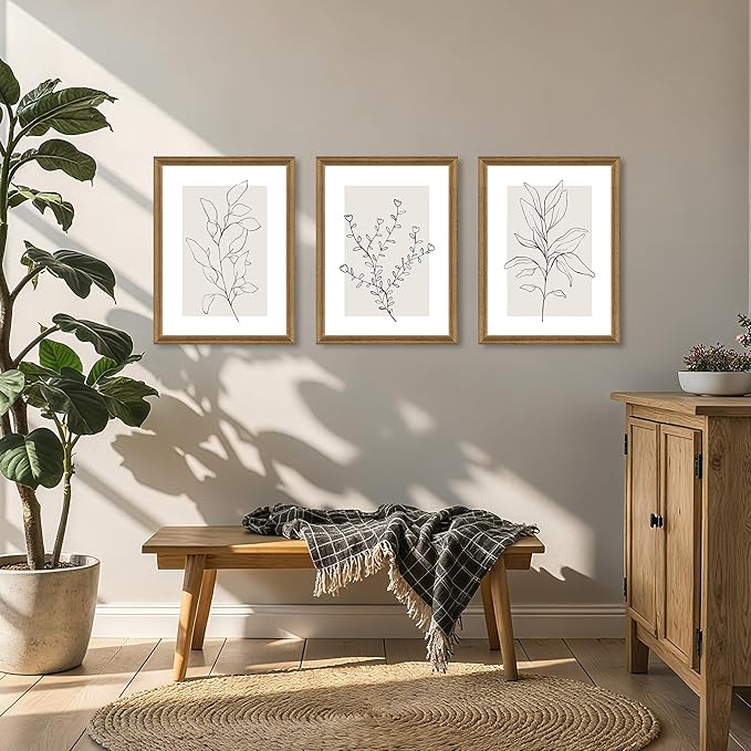 WRFON Neutral Botanical Canvas Wall Art, Minimalist Black Line Flower Poster Prints, Boho Beige Floral Wall Decor, Abstract Plant Leaf Aesthetic Picture for Bedroom Living Room Wood Framed 16"x24"x3