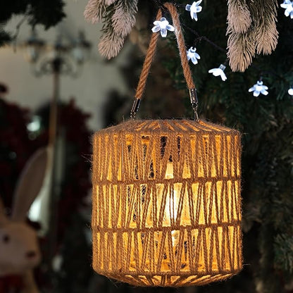 Cooo Large Solar Rope Lantern Outdoor Hanging – Handwoven Jute Rope Lantern with Warm Edison Bulb, IP65 Waterproof Solar Powered Garden Light for Porch Patio, Yard Christmas Decorations, 8.27” Tall