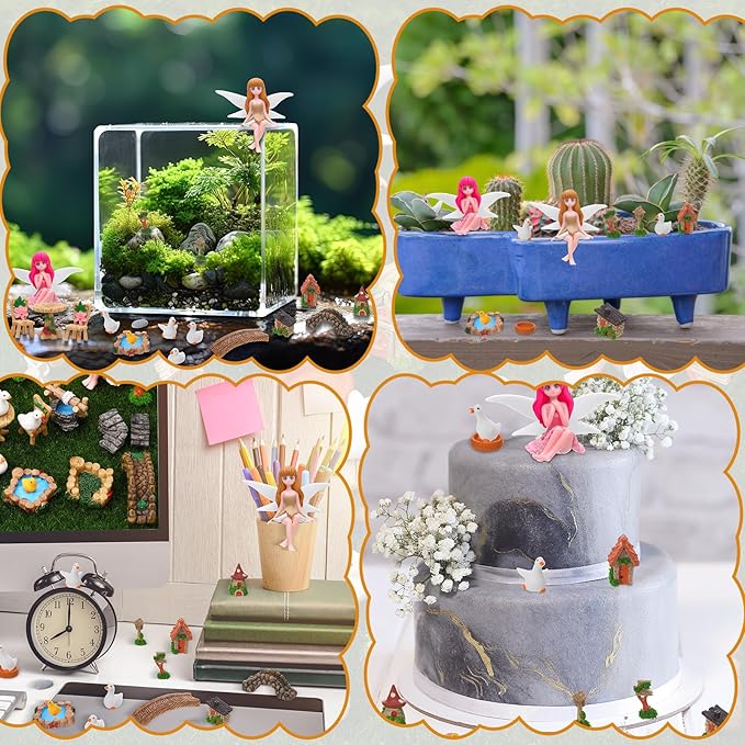 35 Pcs Fairy Garden Accessories Miniatures Garden Kit with Resin Fairies, Duck, Mushroom House & Bridge Miniature Accessories for Terrarium, Dollhouse & Outdoor Decor