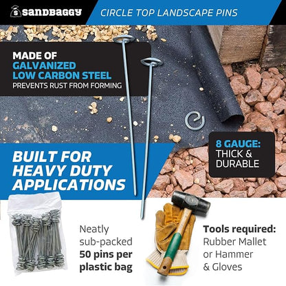 Sandbaggy 12-inch Circle Top Pins - Landscape Staples (Galvanized) - Garden Stakes for Landscaping, SOD - Heavy Duty Ground Stakes, Lawn Turf Spikes, Christmas Decorations, Weed Mats (900 Pins)