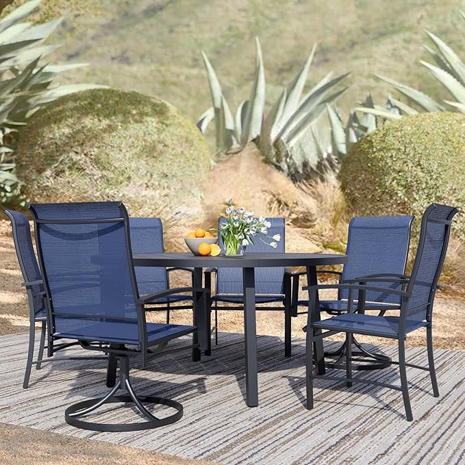 7 Piece Outdoor Dining Set, 47" Black Round Outdoor Dining Table with 2 Blue Swivel Outdoor Dining Chairs and 4 Fixed Patio Table and Chair Set of 6 for Lawn, Garden, or Porch