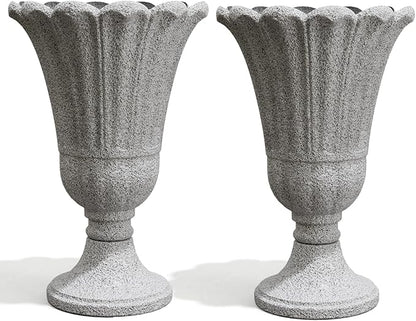 23.6" Tall Plastic Urn Planters for Outdoor Plants with Drainage Holes & Petal Design, Set of 2 Heavy-Duty Classic Indoor Large Flower Pots, Outdoor Planters for Porch/Home/Garden, Gray