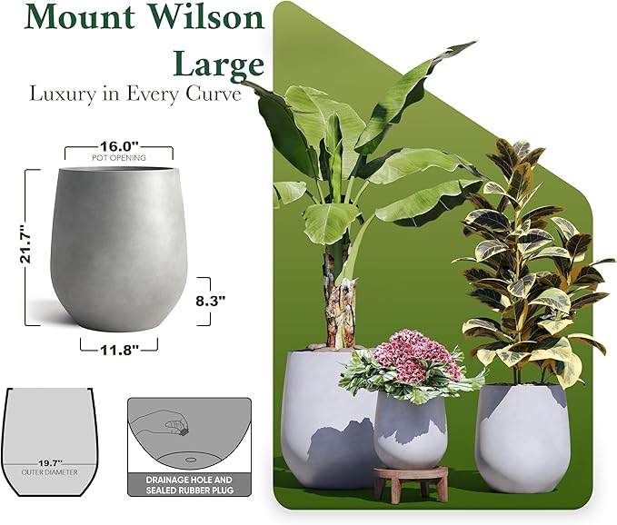 DTY Signature Mount Wilson Modern Indoor Outdoor Fiberstone Tapered Planter, Lightweight, Weather Resistant Garden Pot with Drainage Hole & Rubber Plug, Planter for Christmas Decor - Gray, Large