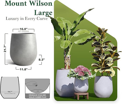 DTY Signature Mount Wilson Modern Indoor Outdoor Fiberstone Tapered Planter, Lightweight, Weather Resistant Garden Pot with Drainage Hole & Rubber Plug, Planter for Christmas Decor - Gray, Large