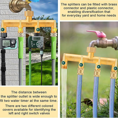 EBH Brass Garden Hose Splitter, 4-Way Heavy Duty Hose Splitter, Outdoor Faucet Manifold, with Extended Metal Handle and Individual On/Off Valve Spout, 3/4” GHT Threads
