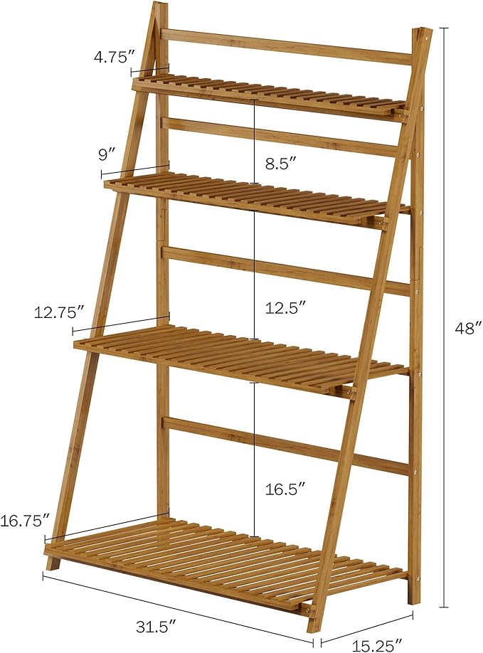 Pure Garden Ladder Plant Stand-4 Tier Freestanding Bamboo Storage Shelf-Foldable Indoor/Outdoor Rack for Flowerpots, Planters, Shoe Rack or Display
