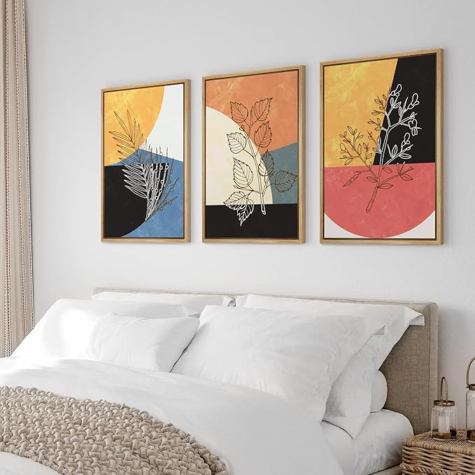 Ashbrook Framed Wall Art Print Set Geometric Mid-Century Color Block Plant Silhouettes Abstract Nature Illustrations Modern Art Boho Colorful for Living Room, Bedroom, Office - 16"x24"x3 Natural