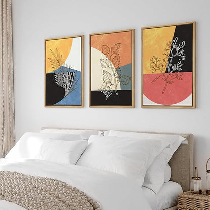 Ashbrook Framed Wall Art Print Set Geometric Mid-Century Color Block Plant Silhouettes Abstract Nature Illustrations Modern Art Boho Colorful for Living Room, Bedroom, Office - 24"x36"x3 Natural
