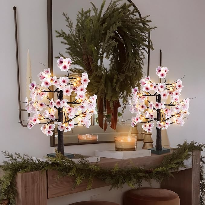 Uieke 2PACK 24IN Lighted Cherry Blossom Tree 48 Warm White LED Tabletop Artifical Bonsai Tree with Timer Battery/USB Operated for Wedding Party Spring Home Indoor Japanese Room Decor