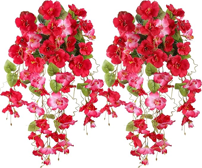 Fake Hibiscus Artificial Hanging Flowers Plants for Outdoors Spring Decoration, 2pcs Silk Hibiscus Vines Realistic UV Resistant Faux Flowers for Outside Planter Porch Patio Yard Wedding Party, Mix