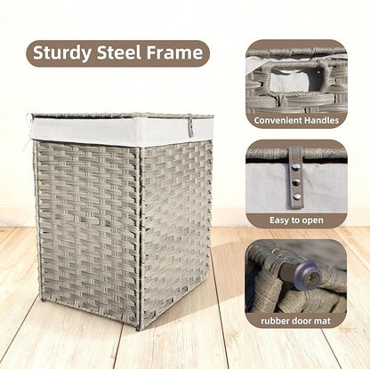 Woven Rattan Laundry Hamper with Lid & Handles,130L Foldable Laundry Basket Includes Machine Washable Removable Liner with 2 Compartments for Storage Basket for Bedroom, Bathroom (Gray)