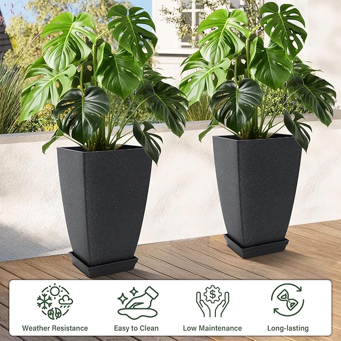 Set of 2 Tall Planter, 21 inch Large Plastic Planter with Drain Hole & Saucers, Large Outdoor Planters for Porch, Garden, Patio, Balcony(Lead Gray)