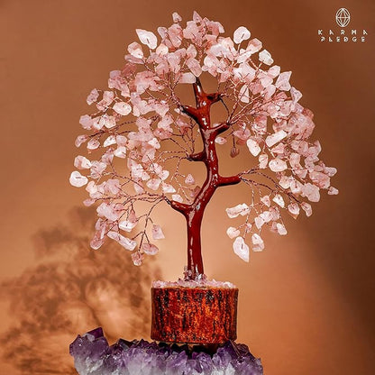 KARMAPLEDGE Rose Quartz Crystal Tree of Life for Women Office Decor, Good Luck, Money, Meditation, Positivity, Handmade Healing Crystal Stones Bonsai Tree Spiritual Birthday Gifts for Women