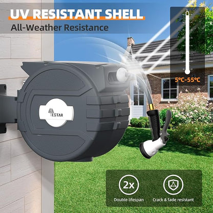 Retractable Garden Hose Reel 1/2"x82 ft, Automatic Hose Reel with 7 Pattern Nozzle, Any Length Lock Wall Mounted &180 Deg Swivel