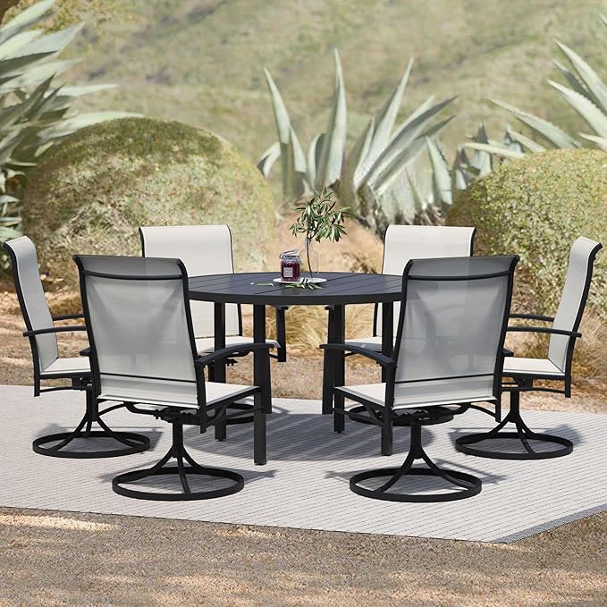 7 Piece Outdoor Dining Set, 47" Black Round Outdoor Dining Table with 6 Oyster Beige Swivel Patio Table and Chair Set of 6 for Lawn, Garden, or Porch
