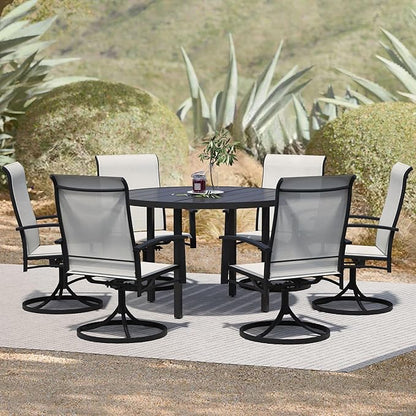 7 Piece Outdoor Dining Set, 47" Black Round Outdoor Dining Table with 6 Oyster Beige Swivel Patio Table and Chair Set of 6 for Lawn, Garden, or Porch