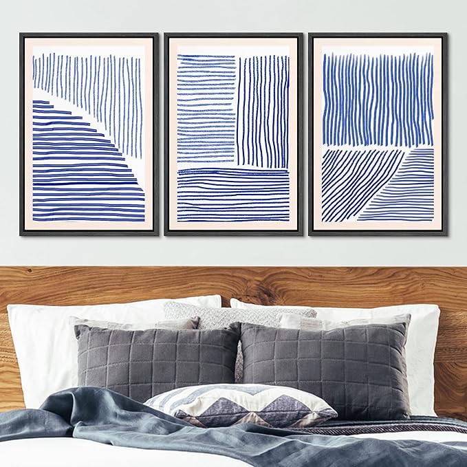 Ashbrook Framed Wall Art Print Set Navy Blue Geometric Color Block Lines Abstract Shapes Illustrations Modern Art Boho Scenic Colorful Chic for Living Room, Bedroom, Office - 16"x24"x3 Black