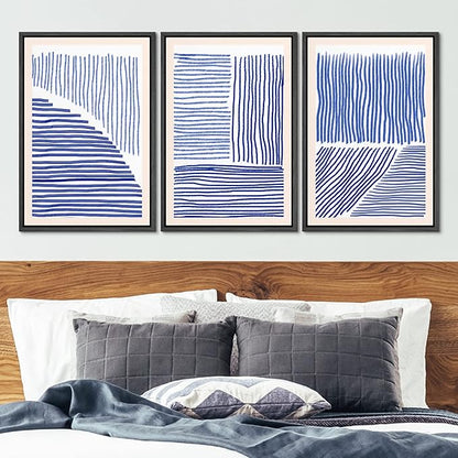 Ashbrook Framed Wall Art Print Set Navy Blue Geometric Color Block Lines Abstract Shapes Illustrations Modern Art Boho Scenic Colorful Chic for Living Room, Bedroom, Office - 16"x24"x3 Black