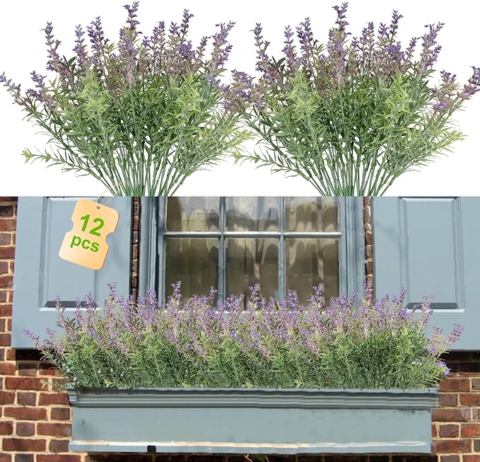 Fake Lavender Artificial Flowers - 12PCS Lavender Plants Shrubs for Wedding Bouquets Artificial Lavender Flowers Indoor Outdoor Faux Foliage Lifelike Fake Flowers for Decoration