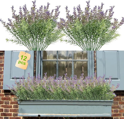 Fake Lavender Artificial Flowers - 12PCS Lavender Plants Shrubs for Wedding Bouquets Artificial Lavender Flowers Indoor Outdoor Faux Foliage Lifelike Fake Flowers for Decoration