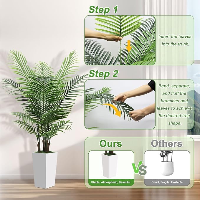 5FT Fake Plant Artificial Palm Tree Indoor Decor – Faux Plants Indoor Tall with White Planter – Artificial Tree Floor Plant for Living Room Office Home