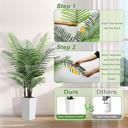 5FT Fake Plant Artificial Palm Tree Indoor Decor – Faux Plants Indoor Tall with White Planter – Artificial Tree Floor Plant for Living Room Office Home
