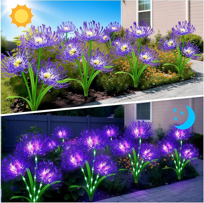 Solar Garden Flower Lights Outdoor,4 Pack 12-Head Purple Spider Lily Waterproof with Glowing Stems,Elegant Yard,Patio & Law Decor,Ideal Halloween & Gardening Gifts for Women,Mothers & Grandma
