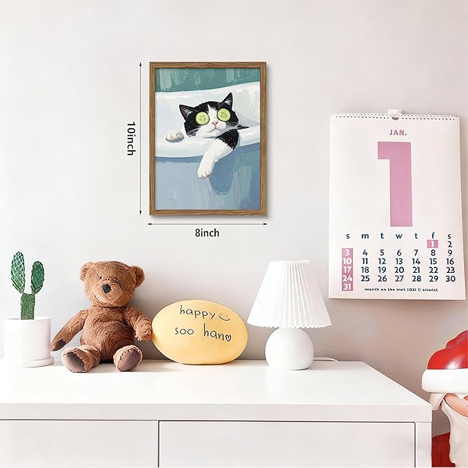 Framed Tuxedo Cat Canvas Wall Art, Bathroom Pictures Wall Decor, Funny Cat in Bath Poster Print, Modern Dark Humor Animal Painting Artwork for Bathroom Apartment Home Aesthetics – 12x16 inch